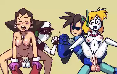 Роботы,робо-девочка,cave story,curly_brace,quote,mega_man,кроссовер,брофист,